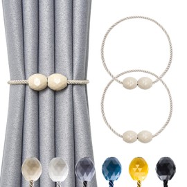 Pretty Jolly 2 Pack Magnetic Curtain Tiebacks Handmade Weave Rope Curtain Holdbacks Elegant Decorative Polyhedra Curtain Drape Tie Backs for Home & Office Thick & Thin Window Drapery (Beige)