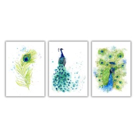 Peacock Wall Art Pictures, Vibrant Abstract Print Set of 3, Teal Blue Green Bedroom Decor, Bird Lover Gift A4 UNFRAMED, Crafty Cow Design