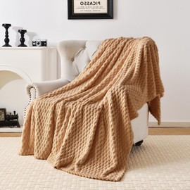 PLEASANT BOULEVARD Fleece throw blanket for couch with 3D Turtle Shell Jacquard soft blanket, fuzzy blanket for all Seasons 108x90 Inches, CAMEL