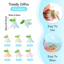 Beadthoven 24pcs Acrylic Flower Charms Pendants Lily Flower Plastic Dangle Beads with Pearl Beads for Necklace Earring Jewelry Making DIY Crafts Decorations Supplies