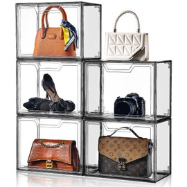 Purse Organizer for Closet,Clear Acrylic Display Case for Handbag Organizer, Purse Storage Box with Magnetic Door, Dustproof Storage Bins for Book, Collectibles, Cosmetic (Grey, 5)