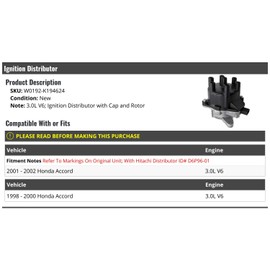 Marketplace Auto Parts Ignition Distributor with Cap and Rotor - Compatible with 1998-2002 Honda Accord 3.0L V6