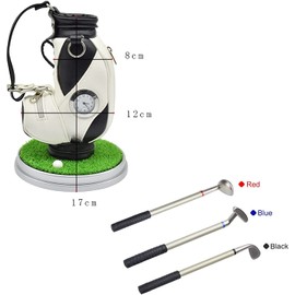 Golf Bag Pen Holder with Clock for Desk Mini Golf Caddy Cart Holder and 3 Pens Golf Gifts Set for Men Women, Desktop Aluminum Alloy Golf Pens Souvenir Gift(Silver/Black - Golf Bag)