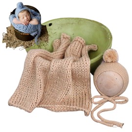 Coberllus Newborn Baby Photography Props Blanket Hat Handmade Knitted Posing Aid Backdrops for Infant Boy Girls Photo Shoot (Beige)