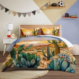 AILONEN Watercolor Cactus Duvet Cover King Size,Sunset Mountains Cactus Forest Bedding Set,Orange Succulent Flower Comforter Cover for Boys Teens Kids,1 Quilt Cover 2 Pillowcases,3 PCS