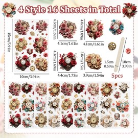 WANDIC 16 Sheets Rub On Transfer Sticker, Retro Clock with Flowers Transfer Decals Waterproof Vintage Scrapbook Stickers for Greeting Cards Gift Wrapping,4 * 6in