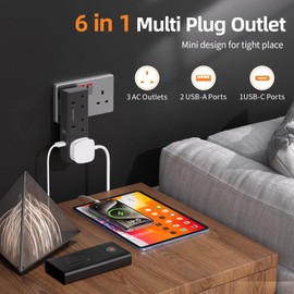 Multi Plug Extension with USB C Slot, 3 Way Plug Wall Charger Socket, Multi Outlets Extender Adapter UK for School, Home, Kitchen, Office (Black)