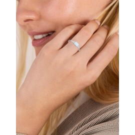 Vesitim Dainty Baguette Wedding Band Sterling Silver Emerald-Cut Created White Opal Jewelry Size 9 Stackable Rings for Women
