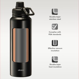 Okam 1L Drink Bottle Leak Proof Tea Infuser Bottle, Black - Stainless Steel Double Layer Vacuum Insulated - Dual Drink Hole, Tea/Fruits Strainer - Handle-for Hot/Cold Water, Tea, Infuser Travel Bottle