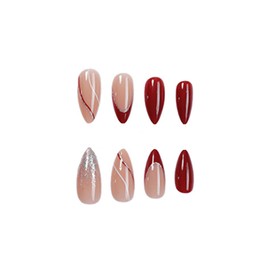 SINHOT Almond Press on Nails Medium Fake Nails Glossy Glue on Nails Red Solid Acrylic Nails Silver Glitter Gradient Stiletto Artificial Nails French Tip Stick on False Nails with Design 24 pcs