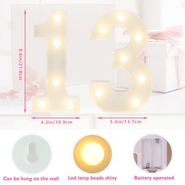 SKYPHAROS LED Marquee Letter Lights, Decorative Light Up Numbers for 13th Birthday Party, Battery Operated, Warm White Small Marquee 13 Sign for Anniversary Decorations