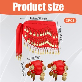 Belly Dance Hip Scarf, Women's Belly Dance Belt with Bracelet, 3-Piece Set for Performances, Yoga Classes, and Themed Parties, Red Belly Dancing Skirt