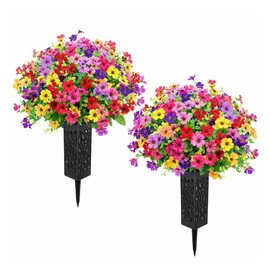 SEBMNOO Cemetery Flowers for Grave with Vases, 2pcs Artificial Flowers Cemetery Decorations for Grave, Faux Bouquet Graveyard Memorial Flowers for Cemetery Decoration, Silk Funeral Floral