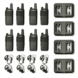 BTECH FRS-B1 8 Pack FRS Business, Adult Walkie Talkies, NOAA, High Output Two-Way Radio. Full Kit with Earpiece Kit, Holsters, Desktop Charger, Built in Flashlight, NOAA, and More