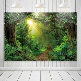 Canessioa Jungle Forest Photography Backdrop Tropical Rainforest Natural Scenery Backdrop Sunlight Forest Banner Camping Themed Baby Shower Party Wedding Decor Photo Booth Prop 10x8ft (300x240cm)