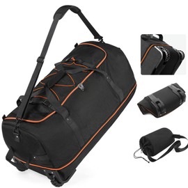 Vomgomfom 32" Soft-Sided Foldable Wheeled Travel Duffel Bag,Expandable 110L to 140L Rolling Cargo Bag with 2 Wheels and Multiple Pockets,Black-orange