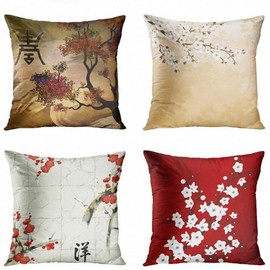 ArtSocket Set of 4 Throw Pillow Covers Japanese Tree Eastern Nature Home Flowers Cherry Blossom Beige Cream Decorative Pillow Cases Home Decor Square 16x16 Inches Pillowcases