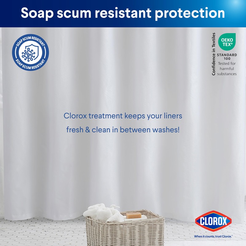 CLOROX 2-in-1 Bathroom Shower Curtain Liner, Durable Fabric, Weighted Magnets