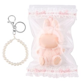 Tinoaly Clear Figure Display Bag with Keychain for Plush Dolls, 5.9x9.8in PVC Lace Trim Keychain Pouch Protective Case for Blind Box Figures, Collectibles, Travel & Anime Toys Accessories