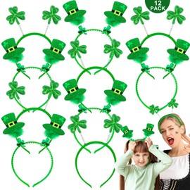 TURNMEON Total 12 Pack St. Patrick's Day Headbands, Shamrock and Green Leprechaun Hat Top, Headwear St Patrick's Day Accessories Party Favors Supplies Gifts For Kids Adults Boppers Costume Women Men