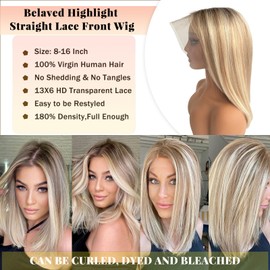 Belaved Highlights Bob Wigs Human Hair 13X6 for White Women Ombre #8 Brown to 60# Platinum Blonde 13x6 Straight Short Bob Lace Front Wig Human Hair 14 Inch Pre Plucked Pre Cut Glueless Wigs