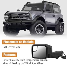 Left Driver Side Mirror Replacement for Ford Bronco 2021-2024 7-pins Power Heated Manual Folding Blind Spot Glass w/Temp sensor Black Texture Cover M2DZ17683BC M2DZ17D743G 128-12503 FO1320743