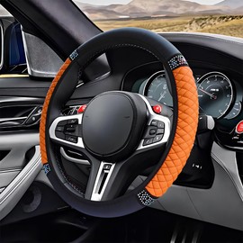 ZIMISI Bling Soft Leather Steering Wheel Cover, 15" Anti-Slip Sparkly Crystal Auto Elastic Steering Wheel Protector for Women Girl, Colorful Diamond Car Interior Accessory for Most Cars (Orange)