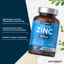Zinc Tablets 100mg | High Strength Chelated Zinc Supplements | 360 Vegan Tablets | by Horbaach