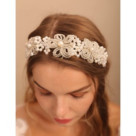 Jumwrit Pearl Wedding Crown Rhinestone Wedding Tiara with Beads Big Pearl Flower Headband Silver Bridal Headband for Bides and Bridesmaid Wedding Prom Birthday Party Hair Accessories