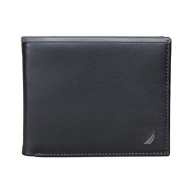 Nautica Men's Pop Color Bifold Leather Wallet with 6 slots, RFID Protection, Black/Grey