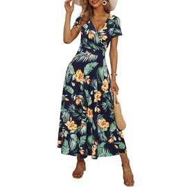 HUHOT Maxi Dress for Women Beach Vacation Sun Dresses Women Tropical Summer Casual Green Polka Dot Dress Maxi Dress with Sleeves V Neck Long Wrap Dress Flowy Dress