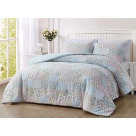 Chezmoi Collection Holly 3-Piece Washed Cotton Comforter Set Full Size - Floral Bedding Set Blue White Pink Green Polka Dot Printed Patchwork Reversible Lightweight Comforter for All Season