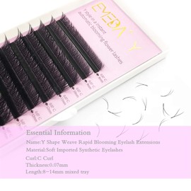EMEDA Y Eyelash Extensions, D Curl, .07 mm, Prefabricated Volume, 2D Fan Eyelash Extensions, .07 Mix YY Type, Soft Artificial Eyelash with Long Handle, 11 mm, Accessories from EMEDA (D 11 mm)