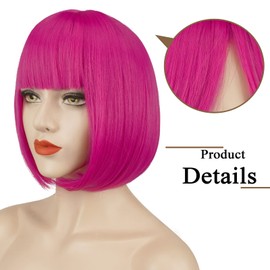 Sofeiyan Short Straight Bob Wigs with Fringe 11 Inch Synthetic Daily Party Hair Wig for Black Women, Hot Pink