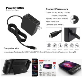 PowerHOOD 65W AC/DC Adapter USB C Power Cord Compatible with Legion Tab Legion Go 8APU1 Tablet 8.8" IPS Ryzen Z1 Extreme Power Supply Cord 65W Type-C Connector Battery Charger PSU Mains