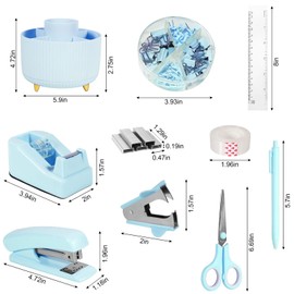 Gawsey Blue Desk Organizers and Accessories 10Pcs Set with 360-Degree Rotating Pen Holder, Tape Dispenser, Stapler, Staple Remover, 1000 Staples, Tape, Clips Set, Ruler, Scissor, Pen