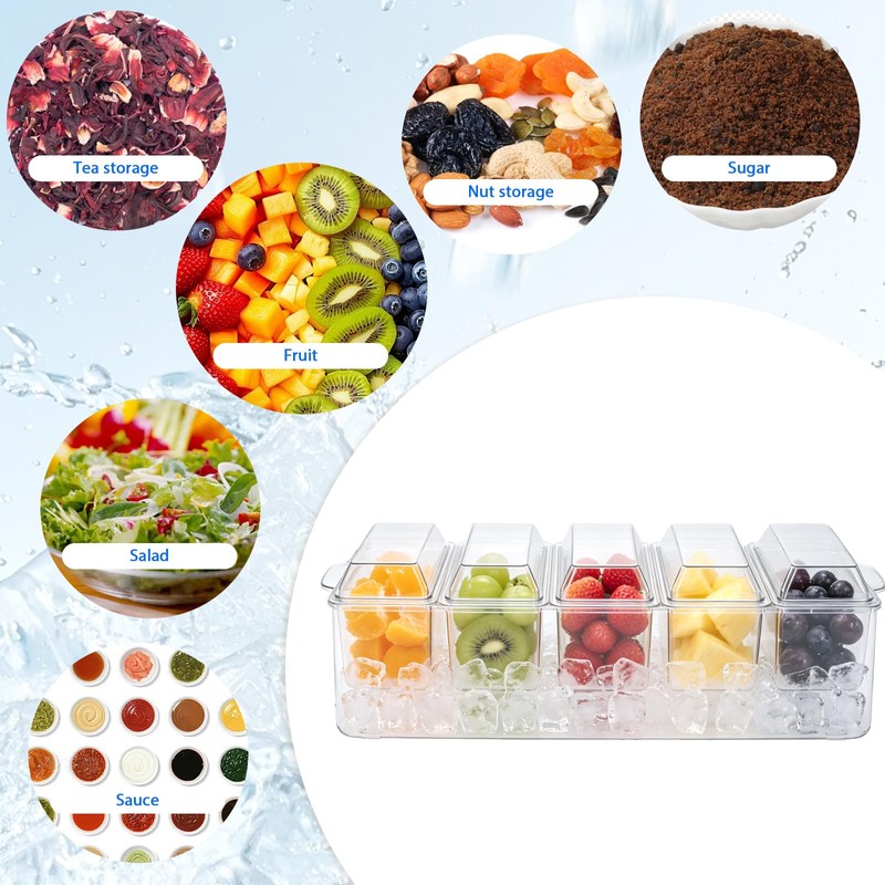 Condiment Caddy, 5 Compartment Ice Chilled Serving Tray, Serving Platter