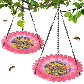 KHayRovies Bee Watering Station for Garden, Bee Bath Feeders for Outside with Vivid Flower Design, Hanging Butterfly Bath Bowl Bee Cups with 60 Glass Balls for Outdoor Courtyard Decoration (2Pcs-Pink)