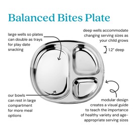 Ahimsa Stainless Steel Kids Plates | Pediatrician Designed | Balanced Bites Divided Plates for Toddlers | Non Toxic & 100% BPA Free | Dishwasher Safe | Set of 4 (Classic Stainless)