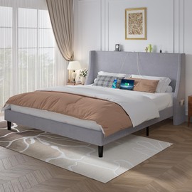 VECELO Full Bed Frame with Upholstered Wingback Headboard, Heavy-Duty Platform Bedframe with Charging Station, Wooden Slats, No Box Spring Needed, Light Grey