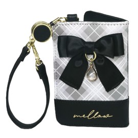 Pass Case with Reel for Girls Folding Ribbon Checkered School Commute to Work (Black)
