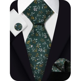 Mantieqingway Floral Ties for Men Handkerchief Cufflinks Set, Groomsmen Tie Polyester Necktie for Wedding Informal Prom Party (Dark Green)
