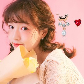 K.L.Y Earrings, Women's Cat Earrings, Studs, 925 Sterling Silver, CZ Zirconia, Cat, Popular Earrings, Birthday Gift, (Pink Gold Asymmetric) -