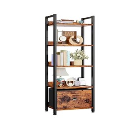 Librero con cajón 5 repisas Madera Estilo rústico, Estructura Metal, estanteria Organizador Muebles para Sala Decoracion Sala estantes organizadores l