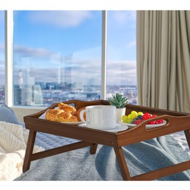 2 Pack Bed Tray Table Breakfast Trays Serving Tray Bamboo Bed Laptap with Floding Legs Handles and Phone Holders