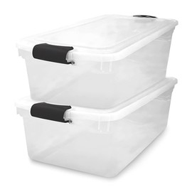 HOMZ 2-Pack Latching Lid, Large Clear Plastic Storage Bins with Lids, 66 Quart, Gray Latch - Stackable Container Boxes for Home, Bathroom, and Office Organization