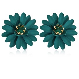 Chic Cute Boho Matte Flower Statement Stud Earrings with Gold Flower Bud for Women Sister Mom Lover and Friends (Green Daisy 20)