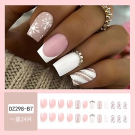 Christmas French Tip Press on Nails Snowflake Fake Nails Short Square Glue on Nails Winter Acrylic Nails Xmas False Nails with Rhinestone Design Full Cover Stick on Nails Glossy Artificial Nails 24Pcs