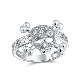 Fashion CZ Caribbean Pirate Skull Crossbones Ring For Teen For Women Punk Goth Cubic Zirconia .925 Sterling Silver