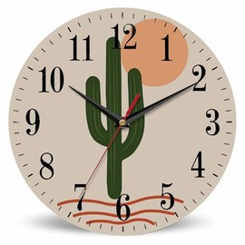 Mxocom Cactus Wall Clock Abstract Green Cacti Desert Wild Tropical Plant 10 Inch Silent Non Ticking Battery Operated Clock Vintage Round Clock for Living Room Bedroom Bathroom Office Decor